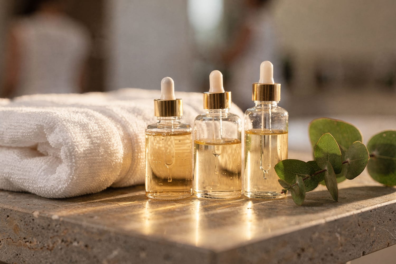 Professional skincare serums in warm daylight